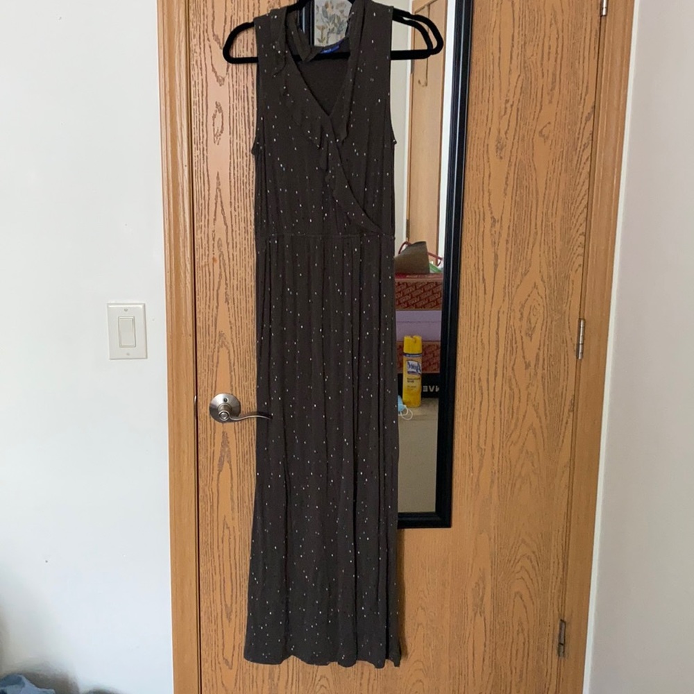 Dark green dress with white, black,blue polka dots
